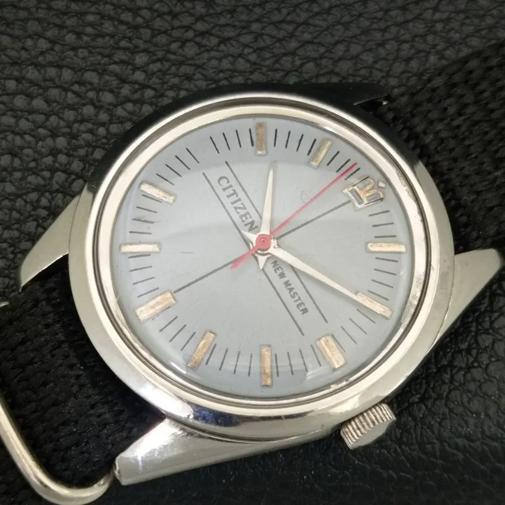 Vintage 1974 Citizen Manual Wound Mens Silver Watch & Red accents